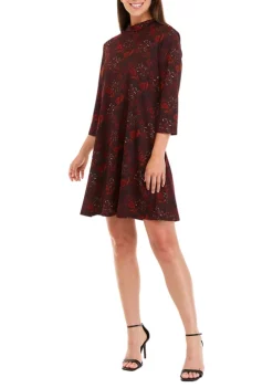Robbie Bee Women's 3/4 Sleeve Mock Neck Paisley Printed Crepe A-Line Dress