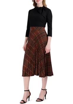 Robbie Bee Women's Cozy Long Sleeve Bow Neck Plaid Pleated Dress -Be Inspired Elegant Store Belk 1068