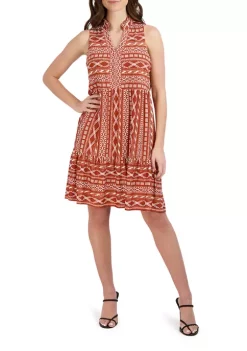 Robbie Bee Women's Sleeveless Split Neck Puff Print Babydoll Dress