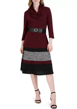 Robbie Bee Women's 3/4 Sleeve Belted Marled Color Block Knit Fit & Flare Cozy Dress