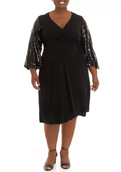 Robbie Bee Plus Size Long Sleeve Sequin Wrap Dress