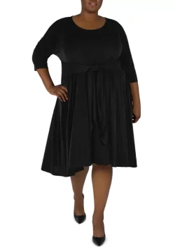Robbie Bee Plus Size 3/4 Sleeve Tie Front Fit and Flare Midi Dress
