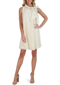 Robbie Bee Women's Sleeveless Foil Dot Tie Neck A-Line Dress