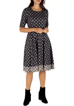 Robbie Bee Women's Elbow Sleeve Dot Print Hacci Fit and Flare Dress