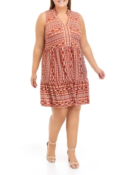 Robbie Bee Plus Size Sleeveless Split Neck Puff Print Babydoll Dress -Be Inspired Elegant Store Belk 1197
