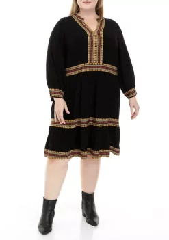 Robbie Bee Plus Size Long Sleeve Split Neck Border Print Babydoll Dress