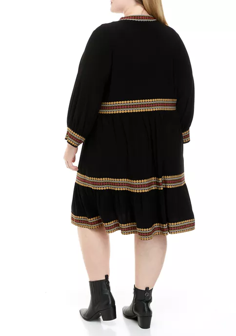 Robbie Bee Plus Size Long Sleeve Split Neck Border Print Babydoll Dress 4 Robbie Bee Plus Size Long Sleeve Split Neck Border Print Babydoll Dress - Image 2