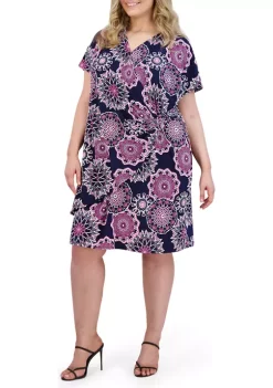 Robbie Bee Plus Size Short Sleeve Puff Print Wrap Dress -Be Inspired Elegant Store Belk 1256