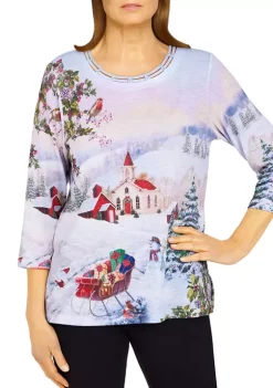 Alfred Dunner Petite Classic Scenic Holiday Print Knit Top -Be Inspired Elegant Store Belk 126