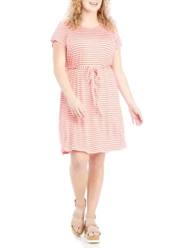 Robbie Bee Plus Size Cap Sleeve Striped Tie Waist Dress