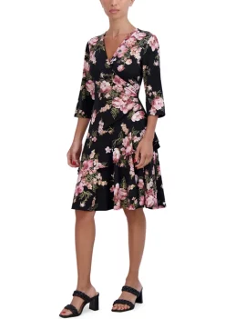 Robbie Bee Women's 3/4 Sleeve Surplice Floral Foil Printed Tiered Fit and Flare Dress -Be Inspired Elegant Store Belk 1273