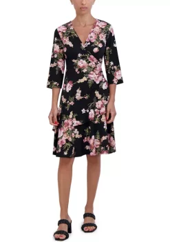 Robbie Bee Women's 3/4 Sleeve Surplice Floral Foil Printed Tiered Fit and Flare Dress -Be Inspired Elegant Store Belk 1274