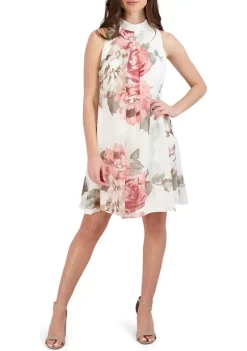 Robbie Bee Women's Sleeveless Mock Neck Floral Print Chiffon A-Line Dress