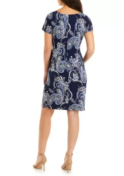 Robbie Bee Women's Short Sleeve Paisley Printed Side Knot Sheath Dress -Be Inspired Elegant Store Belk 1296