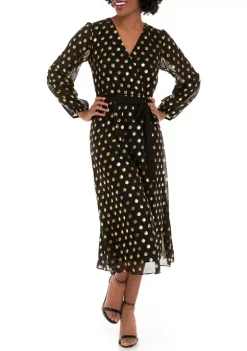 Robbie Bee Women's Surplice Gold Clip Dot Midi Dress