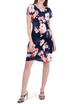 Robbie Bee Women's Short Sleeve Floral Puff Print Side Tie Sheath Dress -Be Inspired Elegant Store Belk 1325