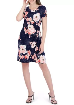 Robbie Bee Women's Short Sleeve Floral Puff Print Side Tie Sheath Dress -Be Inspired Elegant Store Belk 1326