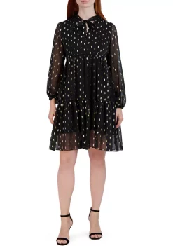 Be Inspired Elegant Store 6 Robbie Bee Women's Tie Neck Chiffon Dot Printed Babydoll Dress