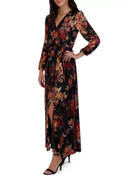 Robbie Bee Women's Long Sleeve Floral Printed Surplice Maxi Dress -Be Inspired Elegant Store Belk 1361