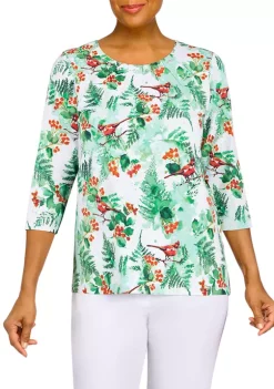 Alfred Dunner Petite Classic Cardinals Holiday Print Knit Top
