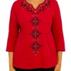Alfred Dunner Petite Empire State Solid Split Neck 3/4 Sleeve Top -Be Inspired Elegant Store Belk 159