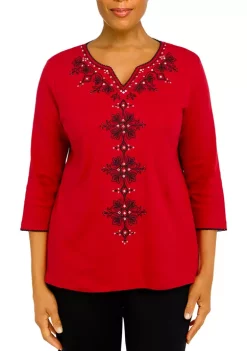 Alfred Dunner Petite Empire State Solid Split Neck 3/4 Sleeve Top -Be Inspired Elegant Store Belk 162