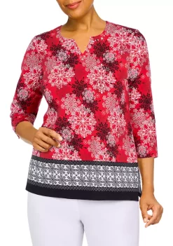 Alfred Dunner Petite Classic Snowflake Border Holiday Print Knit Top