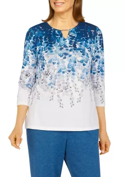 Alfred Dunner Petite Floral Park Split Neck 3/4 Sleeve Ombré Leaf Print Top