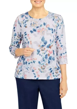 Alfred Dunner Petite Shenandoah Valley Crew Neck 3/4 Sleeve Leaf Print Top -Be Inspired Elegant Store Belk 206