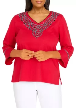 Alfred Dunner Petite Checking In Embroidered V-Neck 3/4 Sleeve Top