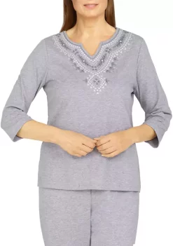 Alfred Dunner Petite Floral Park Split Neck 3/4 Sleeve Heather Knit Top -Be Inspired Elegant Store Belk 248