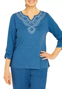 Alfred Dunner Petite Floral Park Split Neck 3/4 Sleeve Heather Knit Top -Be Inspired Elegant Store Belk 249