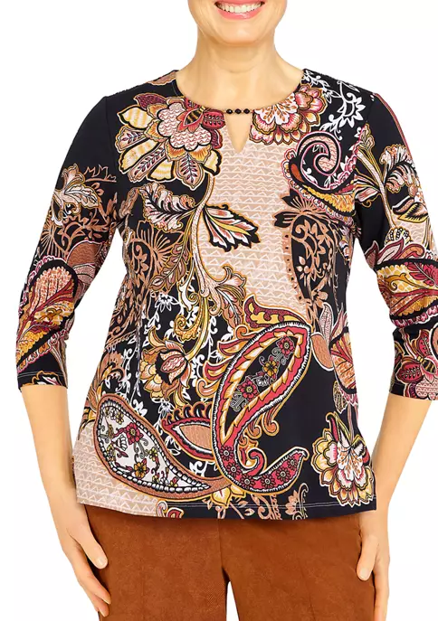 Alfred Dunner Petite Madagascar Split Neck 3/4 Sleeve Paisley Print Top 3 Alfred Dunner Petite Madagascar Split Neck 3/4 Sleeve Paisley Print Top
