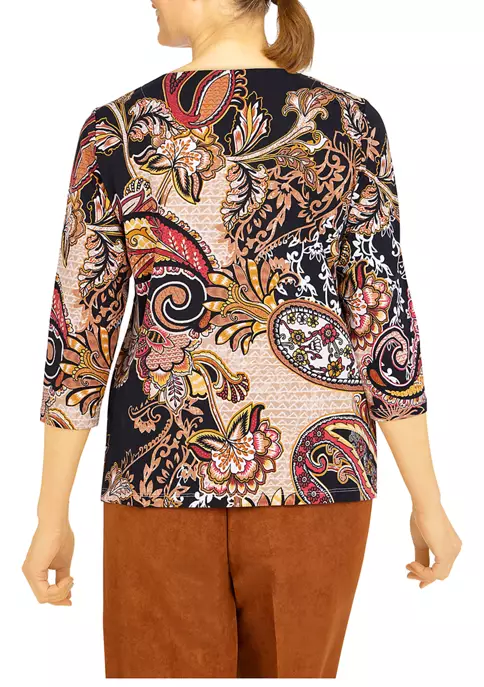 Alfred Dunner Petite Madagascar Split Neck 3/4 Sleeve Paisley Print Top 4 Alfred Dunner Petite Madagascar Split Neck 3/4 Sleeve Paisley Print Top - Image 2