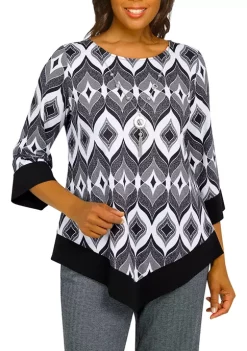 Alfred Dunner Petite Empire State Texture Crew Neck Bell Sleeve Geo-Print Top With Removable Necklace -Be Inspired Elegant Store Belk 282