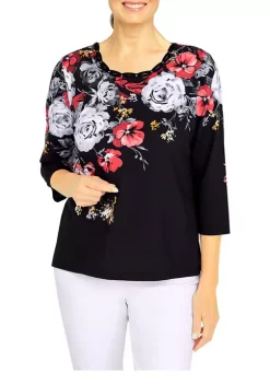 Alfred Dunner Petite Empire State Crew Neck 3/4 Sleeve Floral Print Top