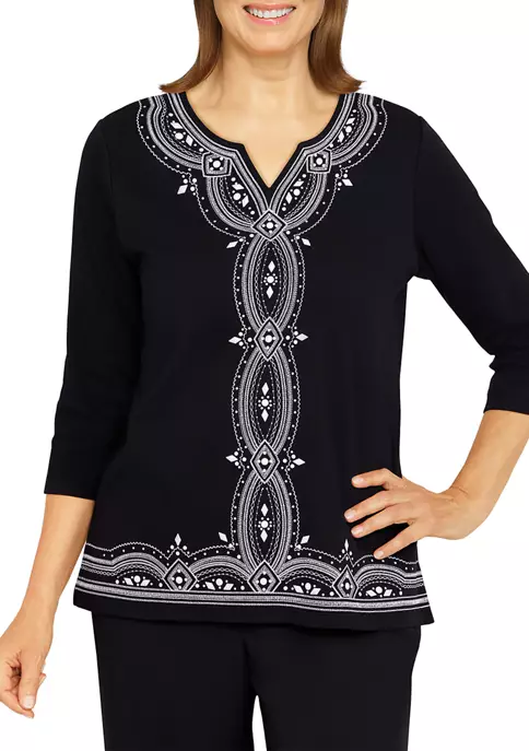 Alfred Dunner Petite Theater Distric Split Neck 3/4 Sleeve Knit Top 5 Alfred Dunner Petite Theater Distric Split Neck 3/4 Sleeve Knit Top - Image 3