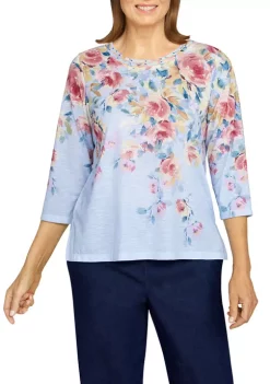 Alfred Dunner Petite Shenandoah Valley Crew Neck Floral Print Top