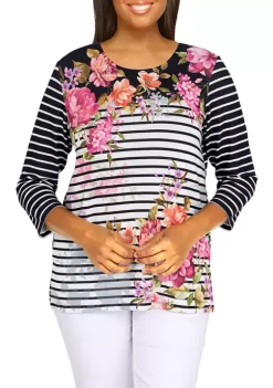 Alfred Dunner Petite Theater District Crew Neck 3/4 Sleeve Contrast Knit Top -Be Inspired Elegant Store Belk 322