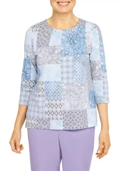 Alfred Dunner Petite Victoria Falls Crew Neck 3/4 Sleeve Monotone Print Top