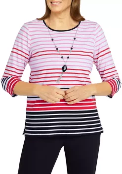 Alfred Dunner Petite Checking In Border Stripe Top with Removable Necklace -Be Inspired Elegant Store Belk 355