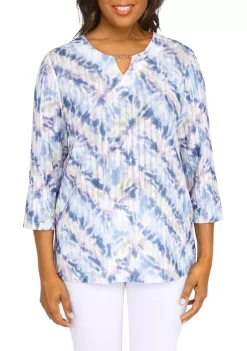 Alfred Dunner Petite Shenandoah Valley Tie Dye Crew Neck 3/4 Sleeve Print Top