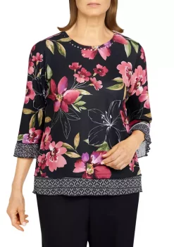 Alfred Dunner Petite Theater District Crew Neck 3/4 Sleeve Flutter Sleeve Top -Be Inspired Elegant Store Belk 364