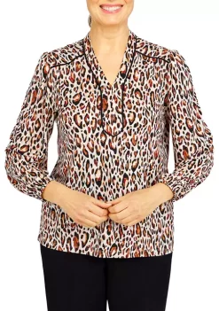 Alfred Dunner Petite Madagascar Leopard Print Split Neck 3/4 Sleeve Shirt