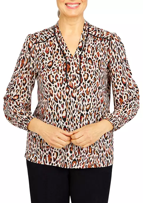 Alfred Dunner Petite Madagascar Leopard Print Split Neck 3/4 Sleeve Shirt 3 Alfred Dunner Petite Madagascar Leopard Print Split Neck 3/4 Sleeve Shirt