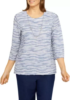 Alfred Dunner Petite Shenandoah Valley Texture Crew Neck 3/4 Sleeve Print Top With Removable Necklace -Be Inspired Elegant Store Belk 371