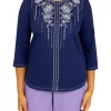 Alfred Dunner Petite Picture Perfect Beaded Split Neck 3/4 Sleeve Top -Be Inspired Elegant Store Belk 372