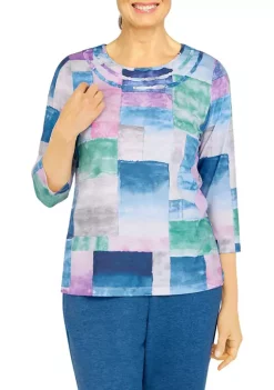 Alfred Dunner Petite Floral Park Crew Neck 3/4 Sleeve Watercolor Print Top -Be Inspired Elegant Store Belk 394