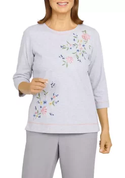 Alfred Dunner Petite Stonehenge Crew Neck 3/4 Sleeve Knit Top