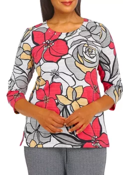 Alfred Dunner Petite Empire State Crew Neck 3/4 Sleeve Floral Print Top